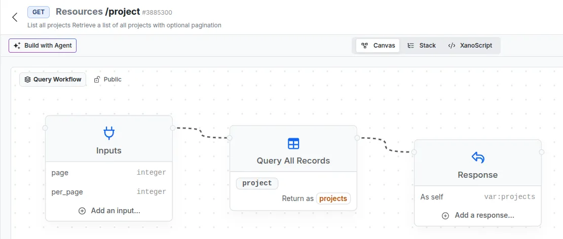 Interface endpoint Xano de configuration avec la vue Canvas