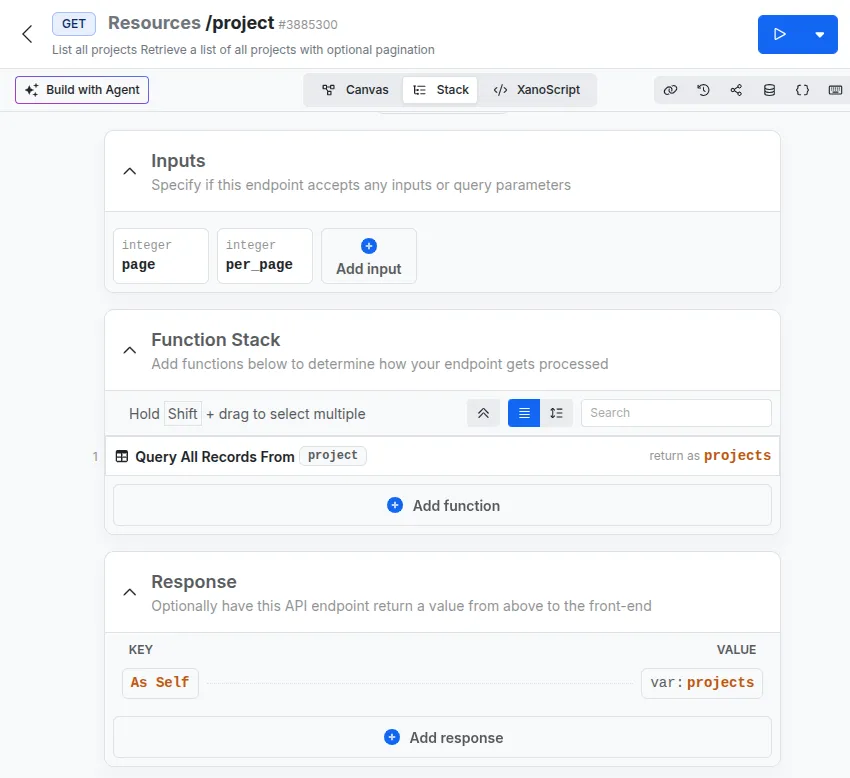 Interface endpoint Xano de configuration avec la vue Stack
