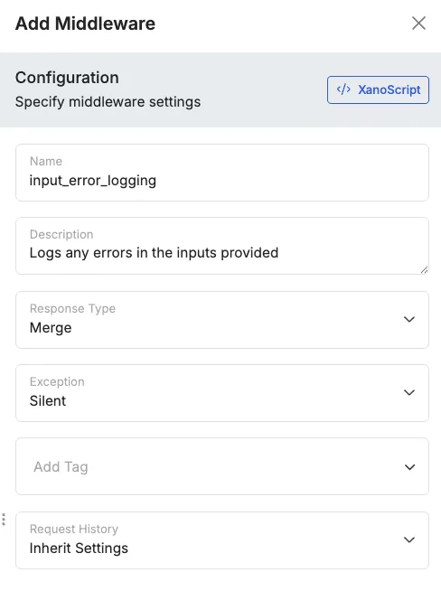 Écran Xano d'ajout de Middleware