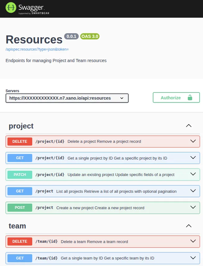 Doc OpenAPI auto généré par Xano sur les endpoints du groupe API nommé Resources
