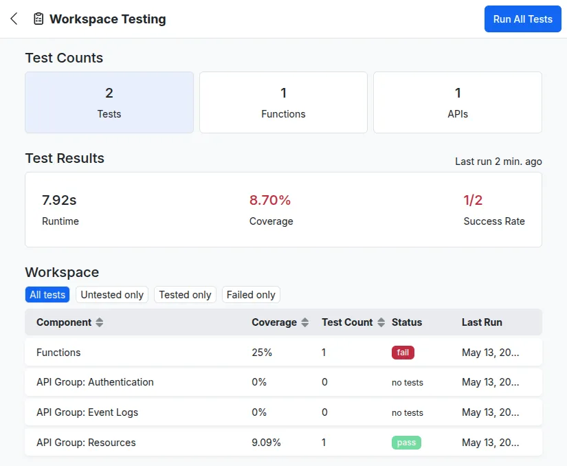Écran Xano de visualisation des tests unitaires par typologie (API, Fonctions)