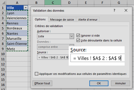 Paramétrage de la source d'une liste déroulante sous Excel