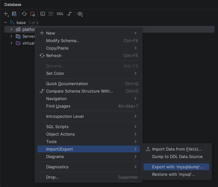 Export mysqldump dans PhpStorm