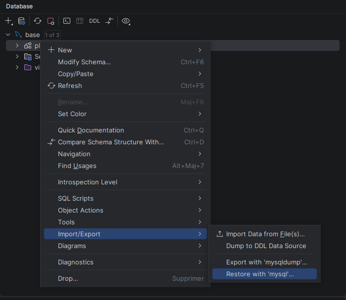 Restore with mysql dans PhpStorm